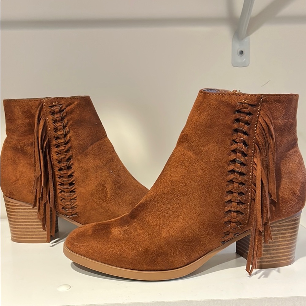 Maurices Tan Ankle Booties with Fringe and Stacked Heel